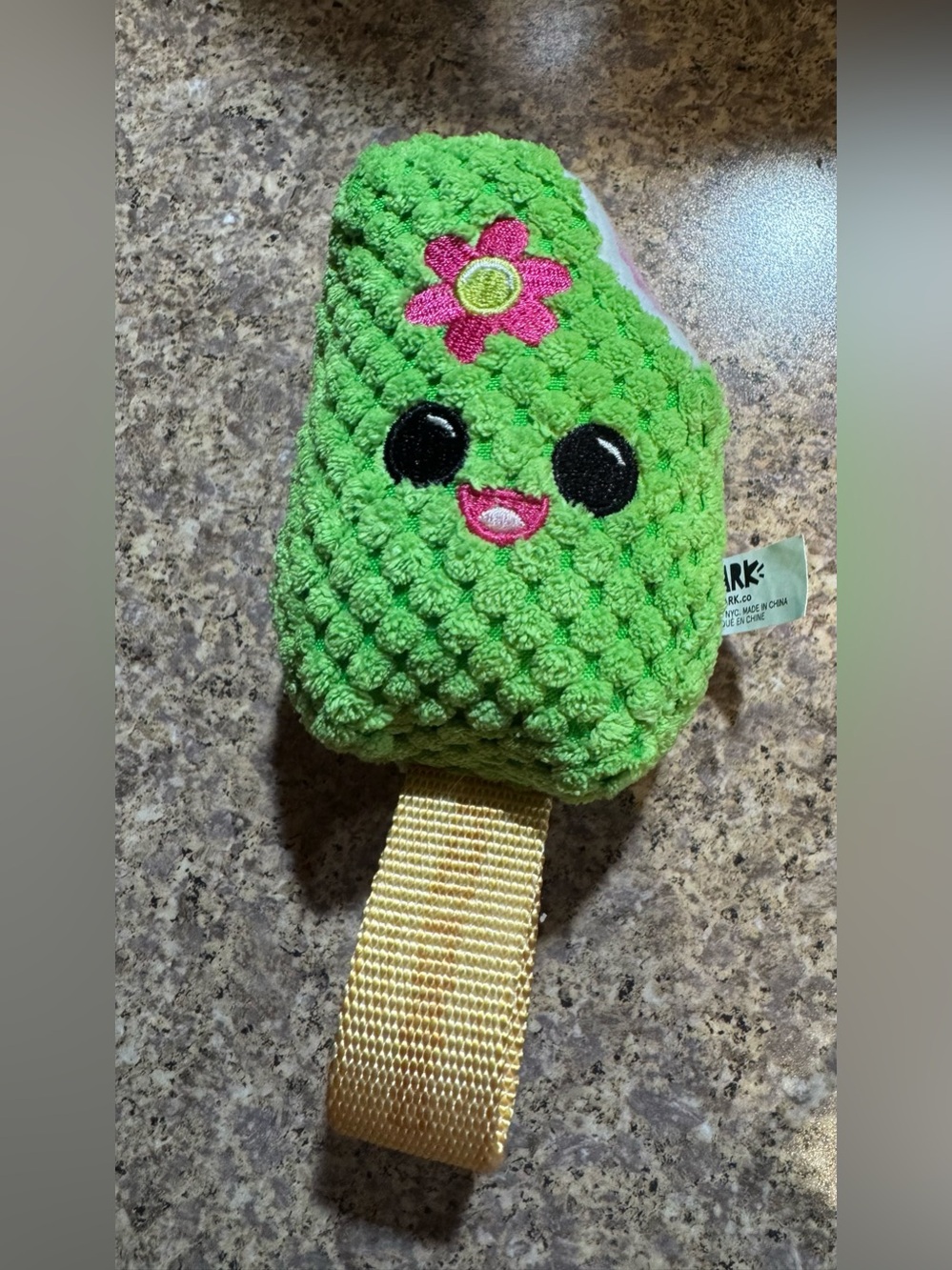 Bark Green Plush Popsicle Dog Toy with Pink Flower and Yellow Strap